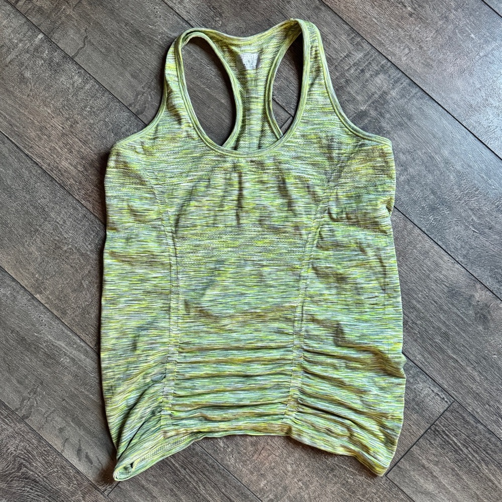 Athleta Fastest Track Side Ruched Seamless Tank in Space Dye Green Gray XL
